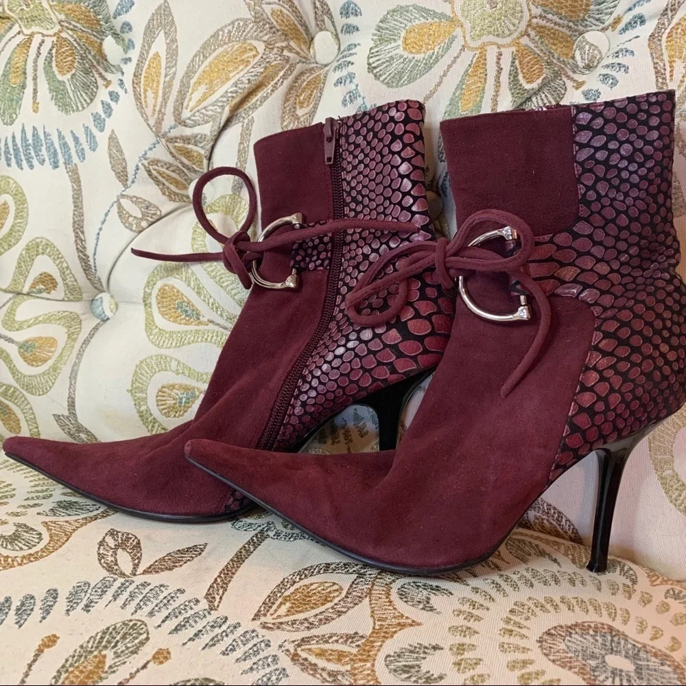 Pointy Toe Suede Heel Booties Faux Croco Sz 6 36